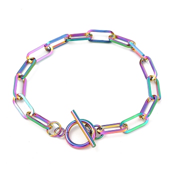 Unisex Vacuum Plating 304 Stainless Steel Paperclip Chain Bracelets, with Toggle Clasps, Rainbow Color, 8-1/8 inch(20.5cm)