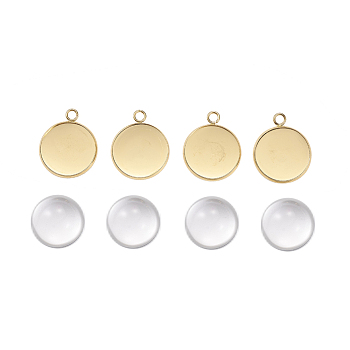 DIY Pendants Making, with 304 Stainless Steel Cabochons Settings and Clear Half Round Glass Cabochons, Flat Round, Golden, Cabochons: 20x9.5mm, Settings: 27x22x2mm, 2pcs/set