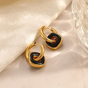 304 Stainless Steel Enamel Hoop Earrings, Square, Real 18K Gold Plated, Black, 22x14mm