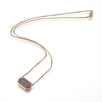 Natural Druzy Quartz Pendant Necklaces, with Brass Findings, Rectangle, Golden, 17.91 inch(45.5cm)