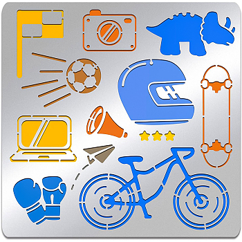 Boy's Hobby Theme Stainless Steel Cutting Dies Stencils, for DIY Scrapbooking/Photo Album, Decorative Embossing DIY Paper Card, Matte Stainless Steel Color, Football & Dinosaur & Bike, Mixed Patterns, 156x156mm