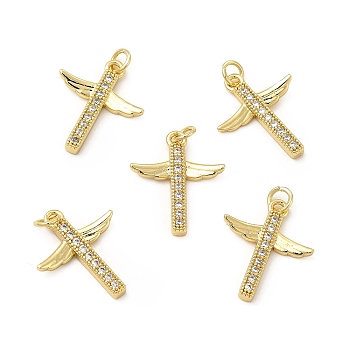 Brass Micro Pave Clear Cubic Zirconia Connector Charms, Cross Wing Links, Real 18K Gold Plated, 20x17x2.5mm, Hole: 1mm