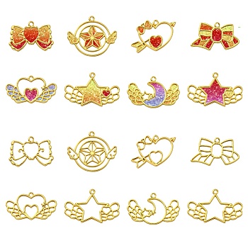 14Pcs 7 Style Alloy Open Back Bezel Pendants, For DIY UV Resin, Epoxy Resin, Pressed Flower Jewelry, Mixed Shapes with Wing, Light Gold, 36~45x23~34mm, 2pcs/style