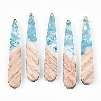 Transparent Resin & White Wood Pendants, Teardrop Charms with Paillettes, Light Sky Blue, 44x7.5x3mm, Hole: 1.5mm