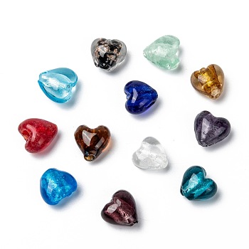 Handmade Silver Foil Glass Beads, Heart, Mixed Color, about 12mm in diameter, 8mm thick, hole: 1~2mm