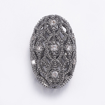 Brass Micro Pave Cubic Zirconia Beads, Long-Lasting Plated, Hollow Oval, Clear, Gunmetal, 19x11.5x7mm, Hole: 1mm
