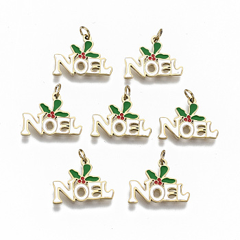 316 Surgical Stainless Steel Enamel Charms, with Jump Rings, for Christmas, White Word Noel, Real 14K Gold Plated, 10x14x1mm, Jump Ring: 3.5x0.5mm, 2.5mm inner diameter