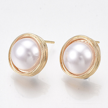 Brass Stud Earring Findings, with ABS Plastic Imitation Pearl, Loop, Half Round, Creamy White, Nickel Free, Real 18K Gold Plated, 12.5x12mm, Hole: 0.8mm, Pin: 0.8mm