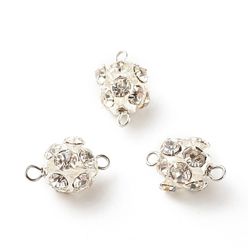 Brass Crystal Rhinestone Connector Charms, with 304 Stainless Steel Loops, Round, Silver, 15.5x9mm, Hole: 2mm
