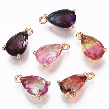 Two Tone Glass Pendants, with Brass Findings, Long-Lasting Plated, Faceted, Teardrop, Mixed Color, 13x7x5mm, Hole: 1.2mm
