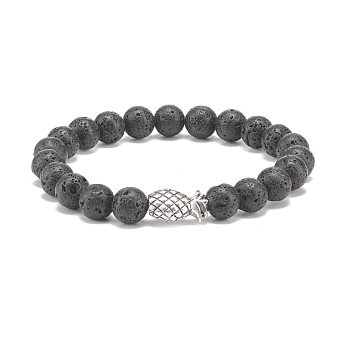 Natural Lava Rock Round Beaded Stretch Bracelet with Alloy Pineapple, Essential Oil Gemstone Jewelry for Women, Inner Diameter: 2-1/8 inch(5.4cm)