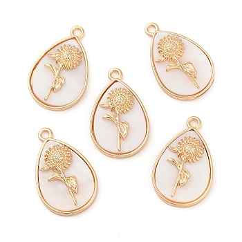 Natural Freshwater Shell Flower Pendants, Alloy Teardrop Charms, Light Gold, 27x17x5mm, Hole: 2mm