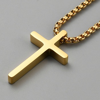 Stainless Steel Cross Pendant Necklace with Box Chains, Golden, 23.31 inch(59.2cm)