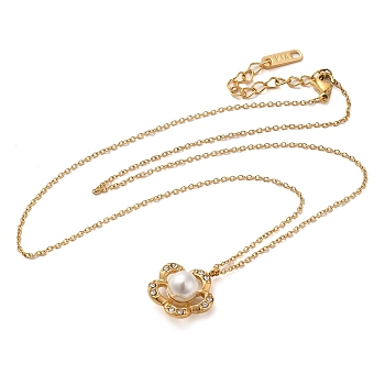 Flower Vacuum Plating 304 Stainless Steel Pendant Necklaces, with Rhinestone & Plastic Pearl, Golden, 16.34 inch(41.5cm)