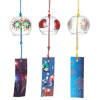 3Pcs 3 Style Japanese Glass Wind Chimes, Fireworks Pattern Small Wind Bells with Paper Card, Suncatcher for Garden Window Party Hanging Decors, Mixed Color, 375~410mm, 1pc/style