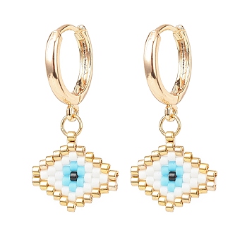 Japanese Seed Braided Rhombus with Evil Eye Dangle Hoop Earrings, Golden Brass Jewelry for Women, Light Sky Blue, 30mm, Pin: 1mm