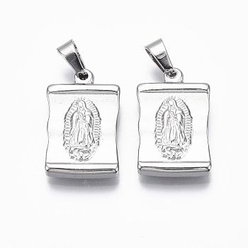 304 Stainless Steel Lady of Guadalupe Pendants, Rectangle with Virgin Mary & Cross, Stainless Steel Color, 24x15x3.5mm, Hole: 4x6mm
