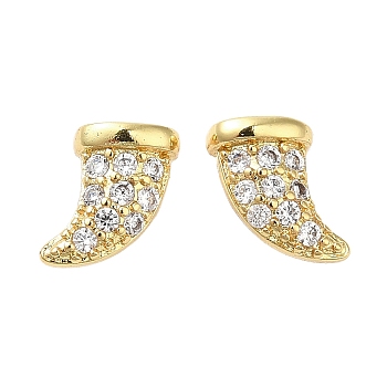 Rack Plating Brass Horn Stud Earrings with Cubic Zirconia, Lead Free & Cadmium Free, Real 18K Gold Plated, 8x7.5mm
