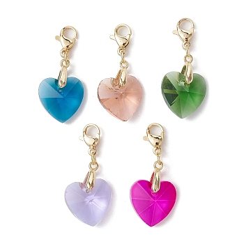 Glass Heart Pendant Decoration, with 304 Stainless Steel Lobster Claw Clasps, Golden, 32~33mm
