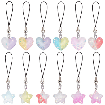Gradient Color Translucent Resin Heart & Star Mobile Strap, with Nylon Cord, Mixed Color, 9.6~9.8cm