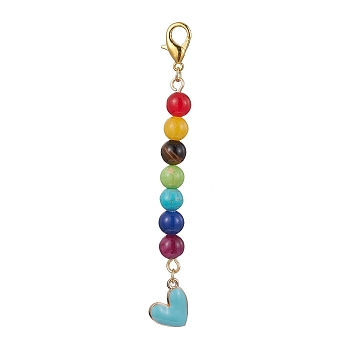 Alloy Enamel Heart Pendant Decorations, with Chakra Natural Gemstone Round Bead and Alloy Lobster Claw Clasps, Light Blue, 100mm