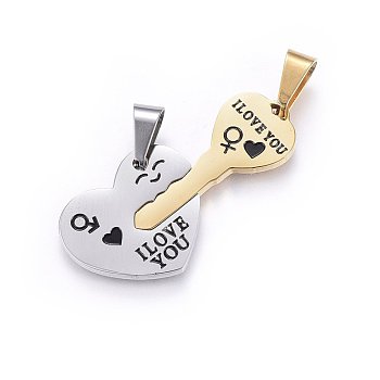 304 Stainless Steel Split Pendants, with Enamel, Heart with Key, with Word, Golden & Stainless Steel Color, 20x41.5x2mm, Hole: 10x5mm, One Side: 20x24x2mm, Hole: 10x5mm, Another Side: 31x13.5x2mm, Hole: 10x5mm
