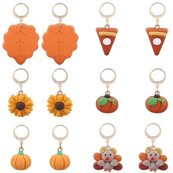 Thanksgiving Day Theme Handmade Polymer Clay Pendant Locking Stitch Markers, 304 Stainless Steel Clasp Stitch Marker, Turkey/Pumpkin/Sunflower, Mixed Color, 3.3~4.8cm, 6 style, 2pcs/style, 12pcs/set