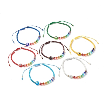 Flat Round Evil Eye Lampwork Braided Bead Bracelets Set, Rainbow Color Glass Beads Adjustable Bracelets for Women, Mixed Color, Inner Diameter: 2-3/8~4-1/8 inch(5.9~10.4cm), 7pcs/set