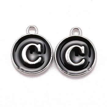Platinum Plated Alloy Charms, Cadmium Free & Lead Free, with Enamel, Enamelled Sequins, Flat Round with Letter, Letter.C, 14x12x2mm, Hole: 1.5mm