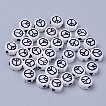 Opaque White Acrylic Beads, Flat Round with Black Peace Sign, 6.5x3.5mm, Hole: 1.6mm