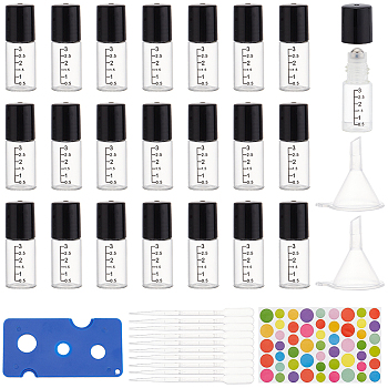 24Pcs Transparent Glass Roller Ball Bottles, with 1Pc Plastic Bottle Openers & 10Pcs Dropper & 4Pcs Funnel Hopper, 1Pc Paper Rainbow Color Stickers, Mixed Color, Bottle: 4.4x1.6cm, Capacity: 3ml(0.10fl. oz)