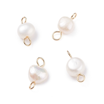 Natural Cultured Freshwater Pearl Connector Charms, with Golden Tone 304 Stainless Steel Loops, Nuggets, White, 13~14x6.5~7.5x4~5mm, Hole: 2~2.5mm
