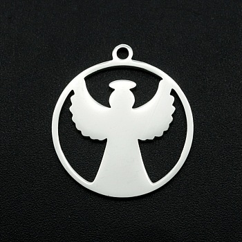 201 Stainless Steel Pendants, Laser Cut, Ring with Angel, Stainless Steel Color, 22x20x1mm, Hole: 1.6mm