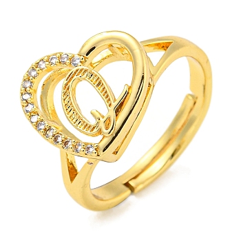 Heart with Letter Rack Plating Brass Micro Pave Cubic Zirconia Adjustable Rings for Women, Lead Free & Cadmium Free, Real 18K Gold Plated, Letter Q, Inner Diameter: 16mm