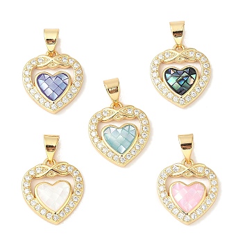 Rack Plating Brass Enamel Micro Pave Clear Cubic Zirconia Pendants, with Shell, Long-lasting Plated, Cadmium Free & Lead Free, Real 18K Gold Plated, Heart, Mixed Color, 15x14x3mm, Hole: 5x3mm