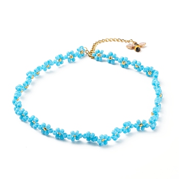 Glass Seed Beaded Flower Necklace with Alloy Enamel Bee Charm, Braided Jewelry for Women, Golden, Cyan, 12.60 inch(32cm)