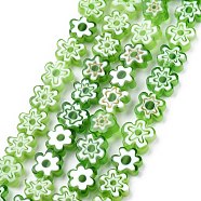 Handmade Millefiori Glass Bead Strands, Flower, Light Green, 6.4~9x3.2mm, Hole: 1mm, about 56pcs/Strand, 15.75''(40cm)(LAMP-J035-8mm-13)