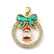 Christmas Brass Micro Pave Cubic Zirconia Pendant, with Enamel and Synthetic Opal, Christmas Wreath, Dark Cyan, 25.5x22.5x5.5mm, Hole: 5x3mm(KK-H468-01E-02G)