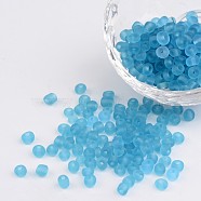 6/0 Frosted Round Glass Seed Beads, Sky Blue, Size: about 4mm in diameter, hole:1.5mm, about 495pcs/50g(X-SEED-A008-4mm-M3)