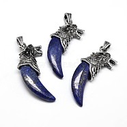 Antique Silver Zinc Alloy Dyed Natural Lapis Lazuli Big Pendants, Tusk Shape with Wolf, Lead Free & Nickel Free, 53~57x23x10mm, Hole: 4.5x8mm(G-F228-63D-FF)