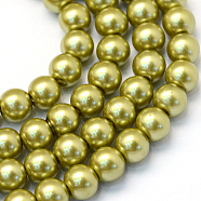 Baking Painted Pearlized Glass Pearl Round Bead Strands, Olive, 8~9mm, Hole: 1mm, about 100~105pcs/strand, 31.4 inch(HY-Q330-8mm-43)