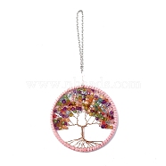 Wire Wrapped Chips Dyed Glass & Natural Amethyst Big Pendant Decorations, with Iron Chains and Imitation Leather Rope, Flat Round with Tree of Life, Colorful, 245mm(HJEW-A005-01B)