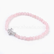 Natural Rose Quartz Beads Stretch Bracelets, with Brass Micro Pave Cubic Zirconia Beads, Platinum, 2-1/8 inch(5.3cm)~2-1/8 inch(5.5cm)(BJEW-JB03925-02)