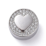 Brass Micro Pave Cubic Zirconia Beads, Flat Round with Heart, Clear, Platinum, 12x5mm, Hole: 2mm(ZIRC-G157-58P-02)