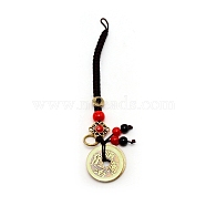 Brass Coins Pendant Decorations, with Polyester Cord and Alloy & Acrylic Findings, Brown, 11.3cm(KEYC-WH0030-01B)