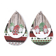 Christmas Theme PU Leather Big Pendants, with Platinum Tone Iron Jump Ring, teardrop, with Father Christmas, Colorful, 56.5x37x3mm, Hole: 5mm(FIND-R080-07)