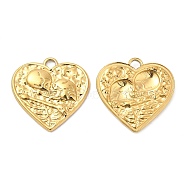 304 Stainless Steel Pendants, Textured, Heart with Skull Charm, Real 18K Gold Plated, 20x20.5x2mm, Hole: 2.5mm(STAS-Z041-17G)