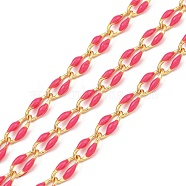 Ion Plating(IP) Brass Dapped Chains, Cable Chains with Enamel, Real 18K Gold Plated, Soldered, with Spool, Flat Oval, Cerise, 7x3x1.3mm, about 32.81 Feet(10m)/Roll(CHS-K018-14A-15)