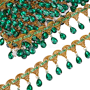 Polyester Tassel Lace Ribbon, Sparkle Paillette Lace Trim with Green Plastic Rhinestone Fringe Trimming, for Garment Accessories, Gold, 1-7/8 inch(48.5mm), about 9.84 Yards(9m)/pc(OCOR-WH0079-75A)