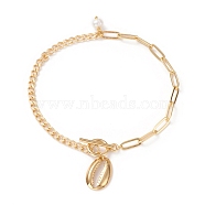 Anklets, with Natural Pearl Beads, Brass Curb Chains & Paperclip Chains, 304 Stainless Steel Toggle Clasps & Pendants, Shell Shape, Golden, 9-5/8 inch(24.5cm)(AJEW-AN00366-02)